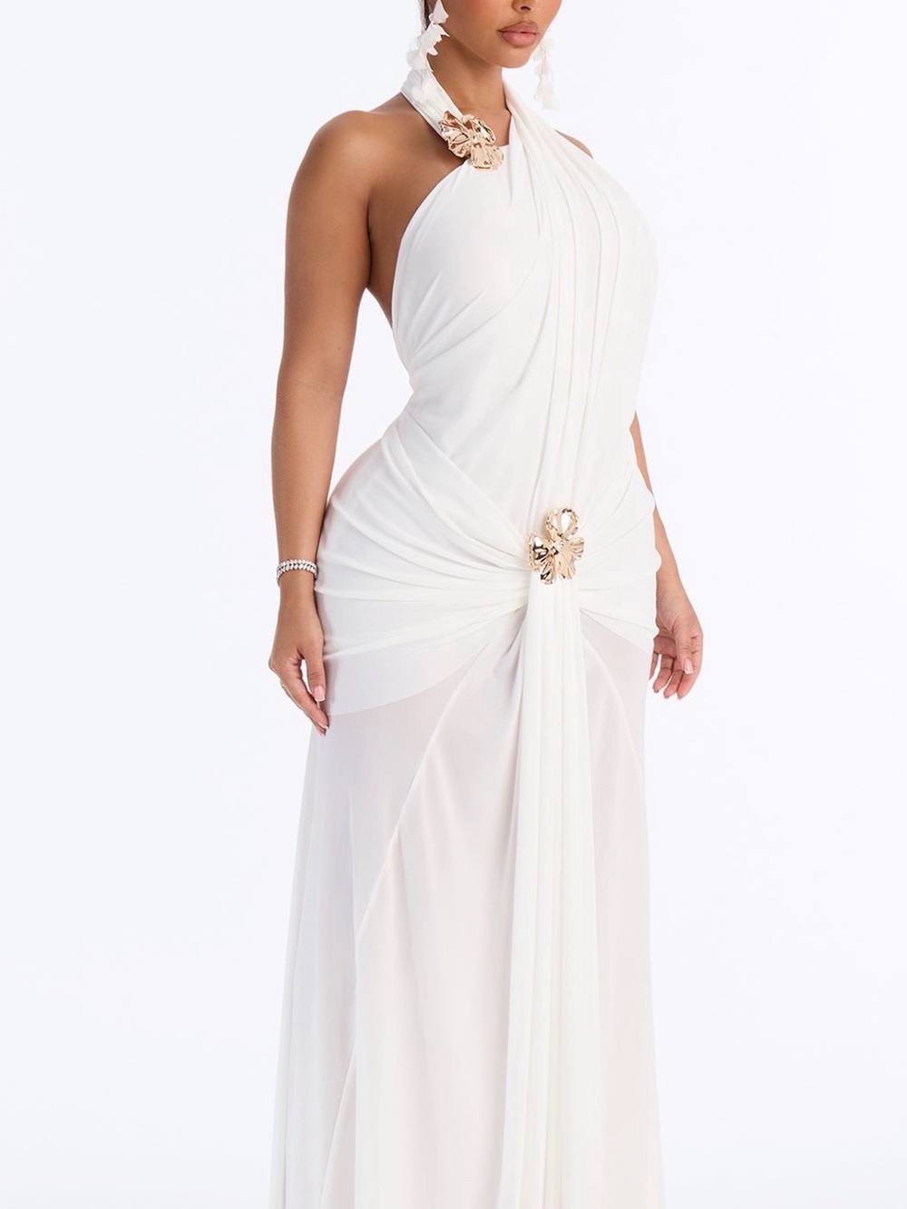 T.J.Maxx White Backless Halter Gown with Gold Accents